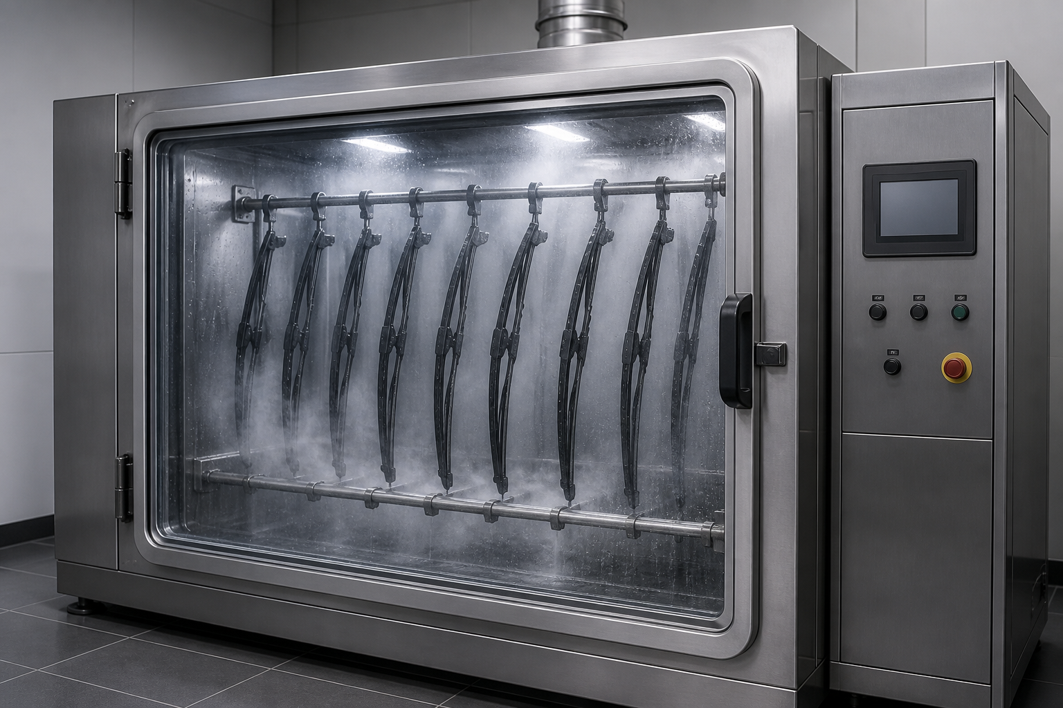 Salt spray corrosion testing of wiper blade frames per ASTM B117