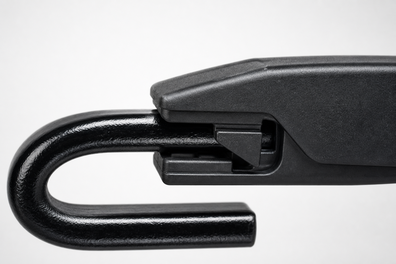 J-hook wiper arm end with black plastic adapter clip locking tab