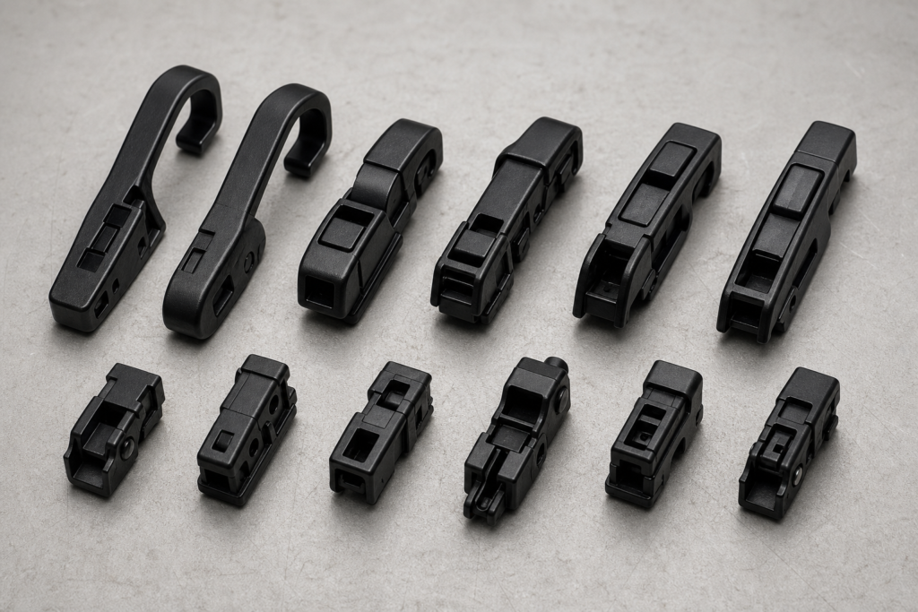 Wiper blade adapter types collection arranged on workbench for B2B importers