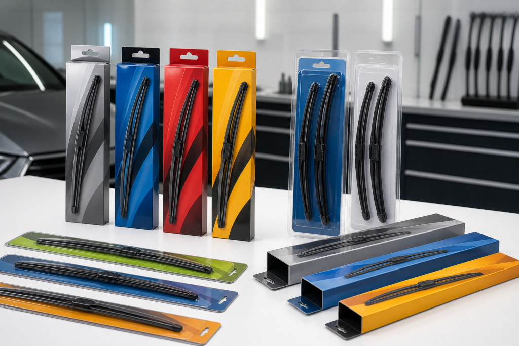 Collection of custom branded wiper blade packaging styles for B2B wholesale