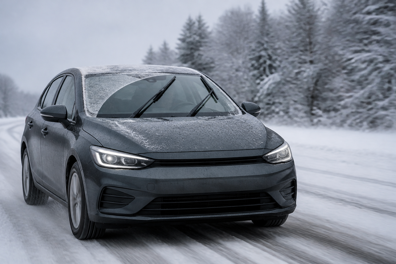 Winter wiper blade clearing snow from the windscreen while driving