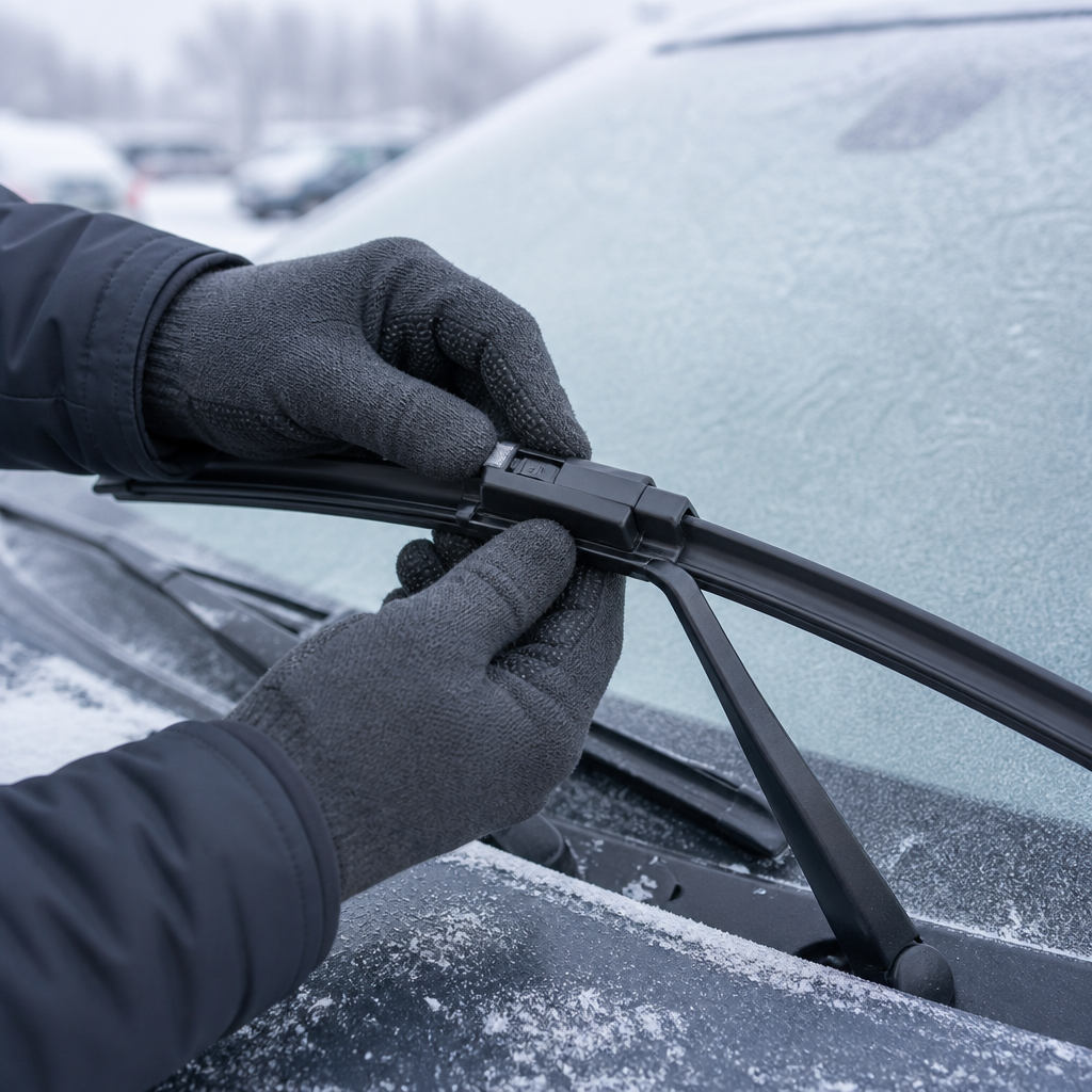 Fitting a winter wiper blade onto a vehicle wiper arm in cold weather